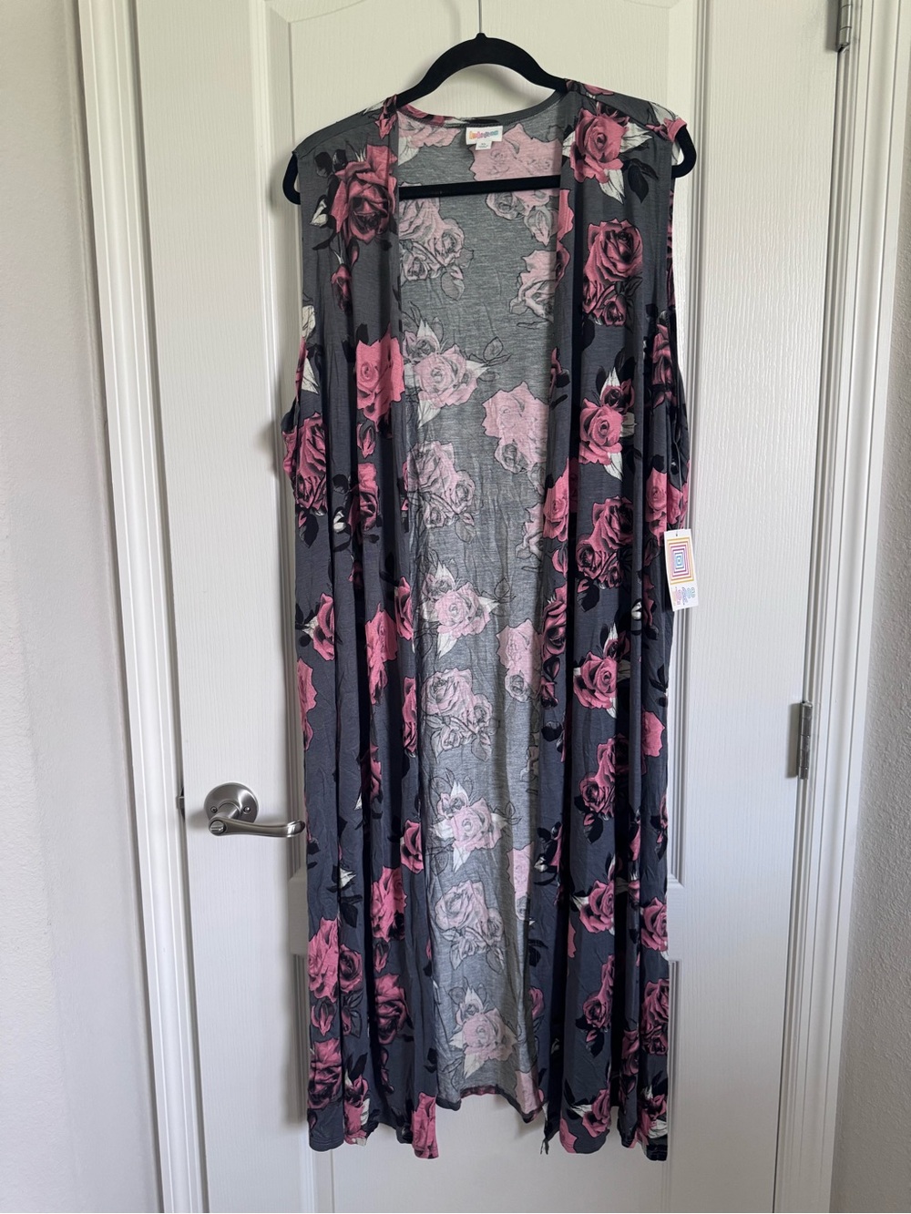 LuLaRoe Joy Gray Duster Cardigan with Pink Rose Print